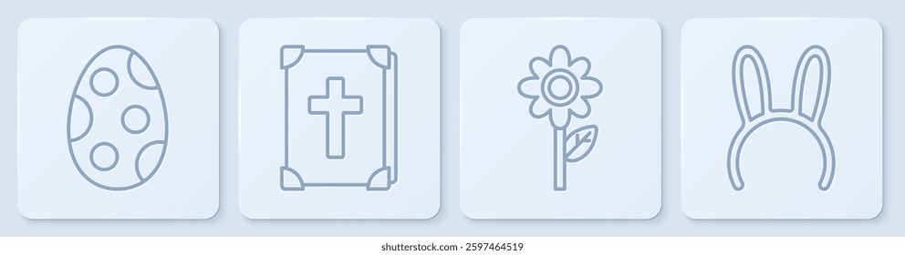 Set line Easter egg, Flower, Holy bible book and Mask with long bunny ears. White square button. Vector