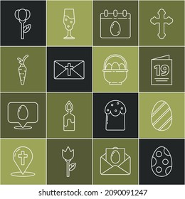 Set line Easter egg, Greeting card with Happy, Calendar, Carrot, Flower tulip and Basket easter eggs icon. Vector