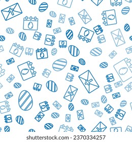 Set line Easter egg, Greeting card with Happy Easter and Calendar with Easter egg on seamless pattern. Vector