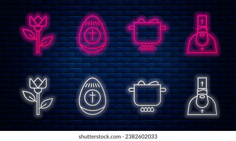 Set line Easter egg, Egg in hot pot, Flower tulip and Priest. Glowing neon icon on brick wall. Vector