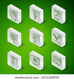 Set line Easter egg, Location with flower, Garden sprayer for fertilizer, Forest, Blossom tree branch, Flower tulip, Shovel and Sprout icon. Vector