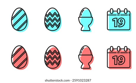 Set line Easter egg on a stand, Easter egg, Easter egg and Calendar with Happy Easter icon. Vector