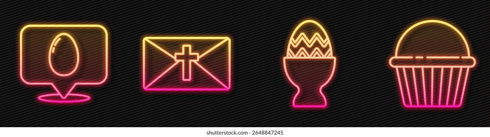 Set line Easter egg on a stand, Speech bubble with easter egg, Greeting card with Happy Easter and Easter cake. Glowing neon icon. Vector
