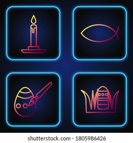 Set line Easter egg, Easter egg and paint brush, Burning candle in candlestick and Christian fish. Gradient color icons. Vector