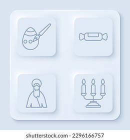 Set line Easter egg and paint brush, Candy, Jesus Christ and Candelabrum with candlesticks. White square button. Vector