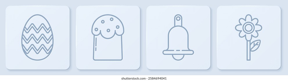 Set line Easter egg, Ringing bell, Easter cake and Flower. White square button. Vector