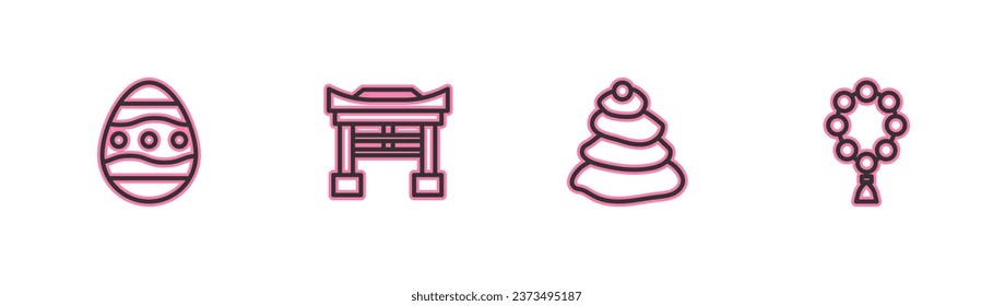 Set line Easter egg, Stack hot stones, Japan Gate and Rosary beads religion icon. Vector