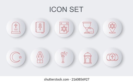 Set line Easter egg, Star and crescent, Jewish calendar, Muslim Mosque, Tombstone with cross, Cross ankh book, Hands in praying position and Aspergillum icon. Vector