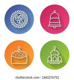 Set line Easter egg in a wicker nest, Ringing bell, Easter cake and candle and Easter cake and eggs. Color circle button. Vector