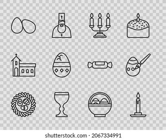 Set line Easter egg in a wicker nest, Burning candle candlestick, Candelabrum with candlesticks, Wine glass, eggs, Cracked, Basket easter and paint brush icon. Vector