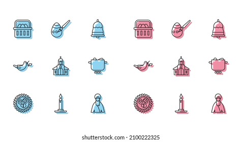 Set line Easter egg in a wicker nest, Burning candle candlestick, Basket with easter eggs, Jesus Christ, Church building, Egg hot pot, Peace dove olive branch and paint brush icon. Vector