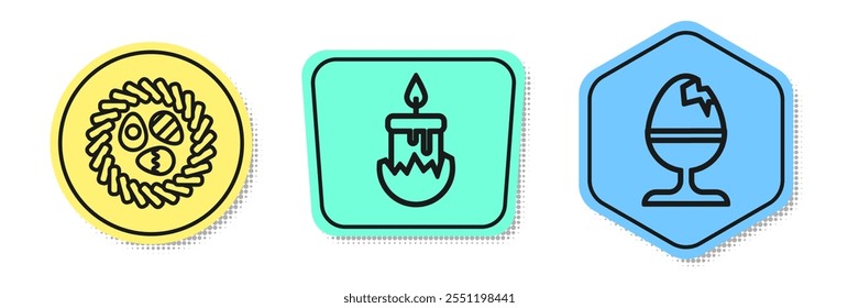 Set line Easter egg in a wicker nest, Burning candle and Chicken egg on a stand. Colored shapes. Vector