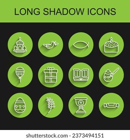 Set line Easter egg, Willow leaf, cake and eggs, Christian chalice, Candy, Gift box, paint brush and Holy bible book icon. Vector