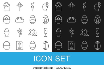 Set line Easter egg, Wine glass, Carrot, cake, Basket with easter eggs,  and  icon. Vector