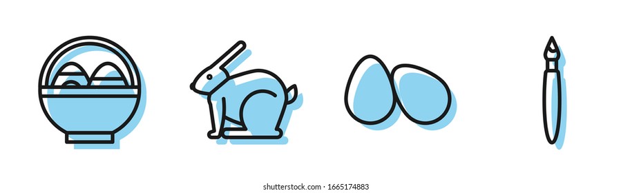 Set line Easter eggs, Basket with easter eggs, Easter rabbit and Paint brush icon. Vector