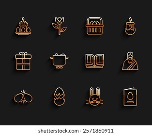 Set line Easter eggs, Broken, cake and, rabbit, Greeting card with Happy, Egg hot pot, Jesus Christ and Holy bible book icon. Vector