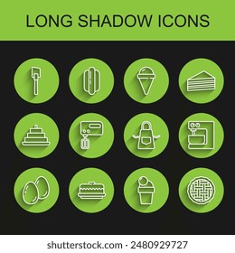 Set line Easter eggs, Cake, Spatula, Ice cream, Homemade pie, Electric mixer,  and Kitchen apron icon. Vector