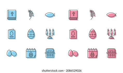 Set line Easter eggs, Calendar with, Holy bible book, Basket easter, Candelabrum candlesticks, Greeting card Happy and Willow leaf icon. Vector