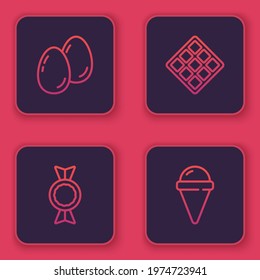 Set line Easter eggs, Candy, Waffle and Ice cream in waffle cone. Blue square button. Vector