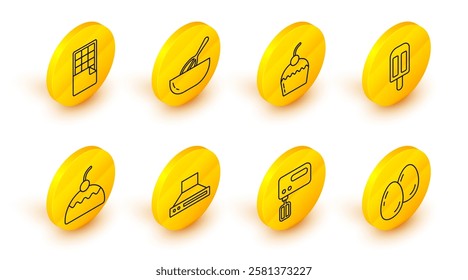 Set line Easter eggs, Electric mixer, Kitchen extractor fan, Cake, Ice cream, whisk and bowl and Chocolate bar icon. Vector