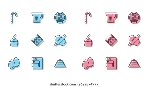 Set line Easter eggs, Electric mixer, Christmas candy cane, Cake with burning candles, Waffle, Rolling pin on dough,  and Measuring cup icon. Vector