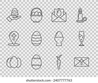 Set line Easter eggs, Greeting card with Happy, Human hand and easter, Carrot and Wine glass icon. Vector