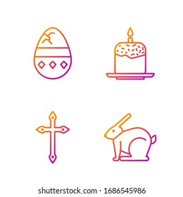 Set line Easter rabbit, Christian cross, Cracked egg and Easter cake and candle. Gradient color icons. Vector
