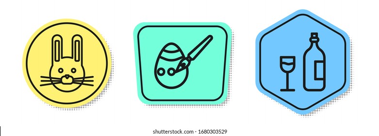 Set line Easter rabbit, Easter egg and paint brush and Wine bottle with glass. Colored shapes. Vector