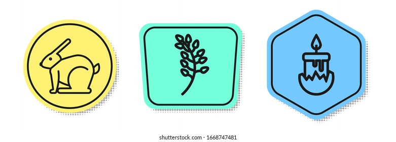 Set line Easter rabbit, Willow leaf and Burning candle. Colored shapes. Vector