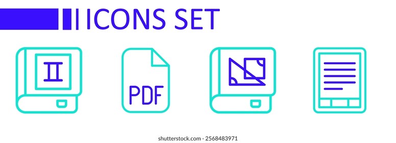 Set line E-Book reader, about geometry, PDF file document and  icon. Vector