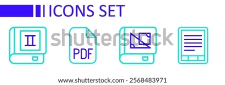 Set line E-Book reader, about geometry, PDF file document and  icon. Vector