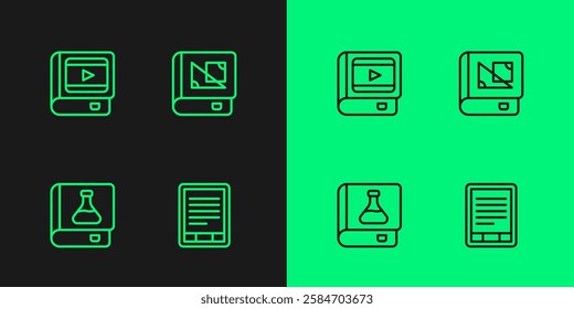 Set line E-Book reader, Chemistry book, about cinema and geometry icon. Vector