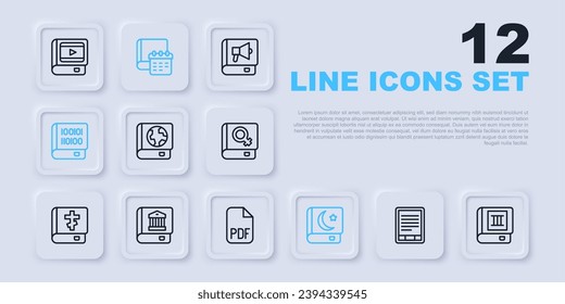 Set line E-Book reader, Earth globe and book, Holy of Koran, Books about programming, Law, Daily paper notepad and PDF file document icon. Vector