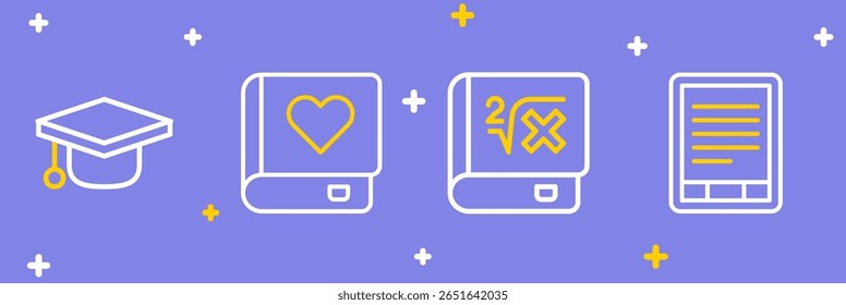 Definir o leitor de E-Book linha, com matemática, livro Romance e ícone de cap Graduation. Vetor