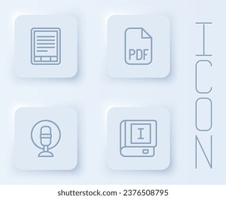 Set line E-Book reader, PDF file document, Microphone and . White square button. Vector
