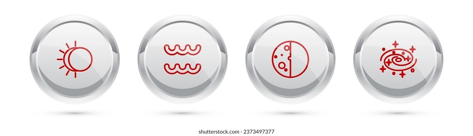 Set line Eclipse of the sun, Aquarius zodiac,  and Milky way spiral galaxy. Silver circle button. Vector