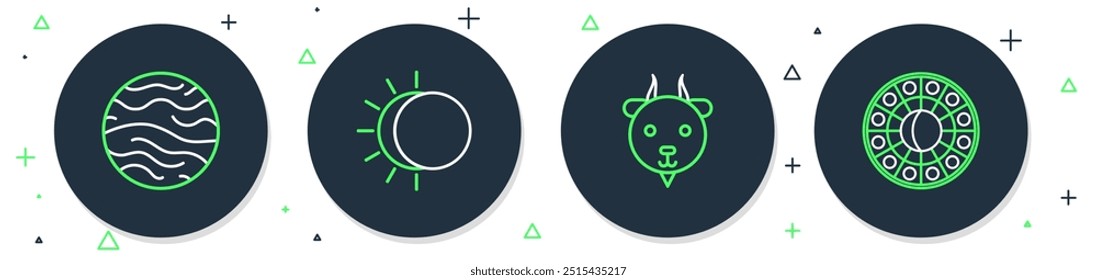 Set line Eclipse of the sun, Aries zodiac, Planet Venus and Astrology horoscope circle icon. Vector