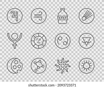 Set line Eclipse of the sun, Sun, Bottle water, Great Bear constellation, Symbol Jupiter,  and Earth element icon. Vector