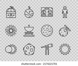 Set line Eclipse of the sun, Sun, Celestial map night sky, UFO abducts cow, Astronomical observatory, Planet Saturn, Telescope and Satellites orbiting planet Earth icon. Vector