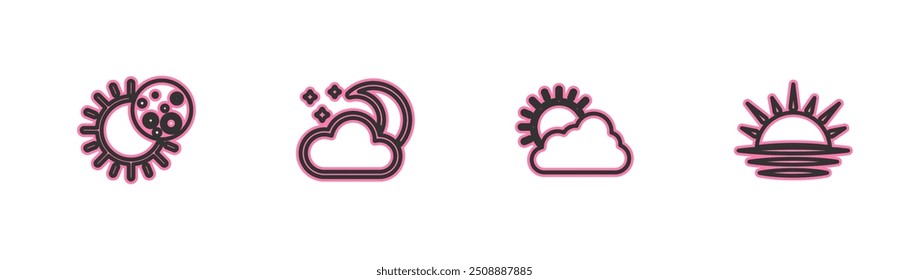 Eclipse del sol, Clima del sol y de la nube, nube con las estrellas de la luna y el icono de la puesta del sol. Vector