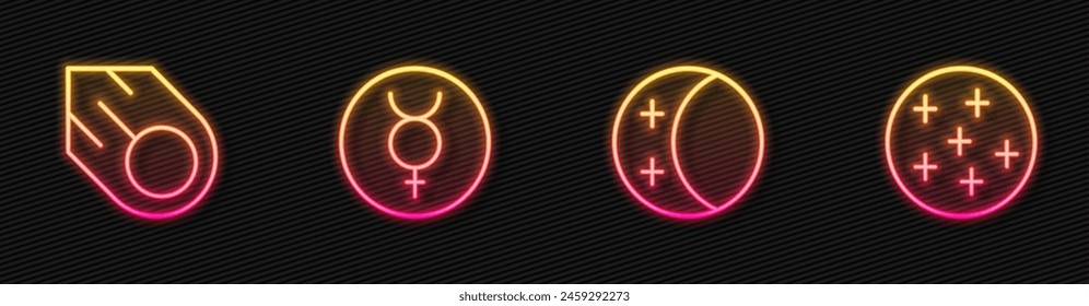 Set line Eclipse of the sun, Comet, Symbol Mercury and Full moon. Glowing neon icon. Vector