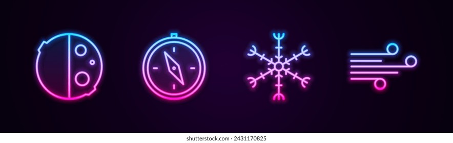 Set line Eclipse of the sun, Compass, Snowflake and Wind. Glowing neon icon. Vector