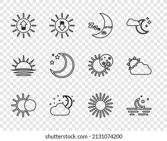 Set line Eclipse of the sun, Moon and stars, icon, Cloud with moon, Sunset, and cloud weather icon. Vector