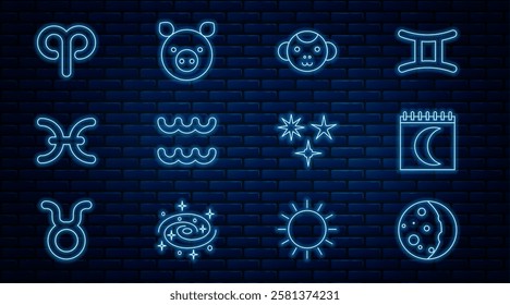 Set line Eclipse of the sun, Moon phases calendar, Monkey zodiac, Aquarius, Pisces, Aries, Falling star and Pig icon. Vector