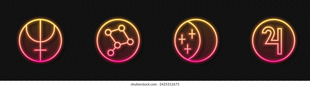 Set line Eclipse of the sun, Neptune planet, Great Bear constellation and Symbol Jupiter. Glowing neon icon. Vector