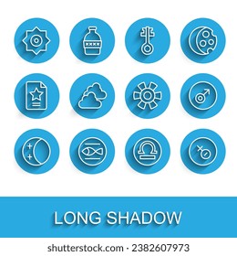 Set line Eclipse of the sun, Pisces zodiac, Falling star, Libra, Venus symbol, Cloudy weather, Mars and Sun icon. Vector