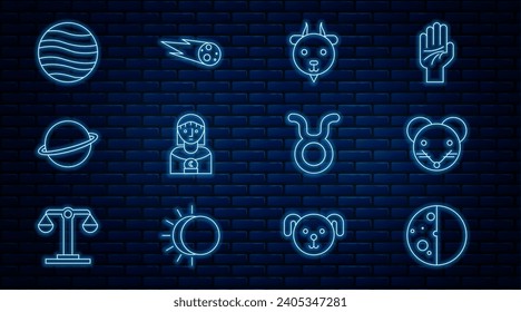 Set line Eclipse of the sun, Rat zodiac, Aries, Astrology woman, Planet Saturn, Jupiter, Taurus and Comet falling down fast icon. Vector