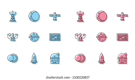 Set line Eclipse of the sun, Rocket ship, Satellite dish, Astronomical observatory, Planet Venus, Futuristic hud interface, Solar system and Moon icon. Vector