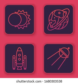 Set line Eclipse of the sun, Space shuttle and rockets, Space capsule and parachute and Satellite. Blue square button. Vector