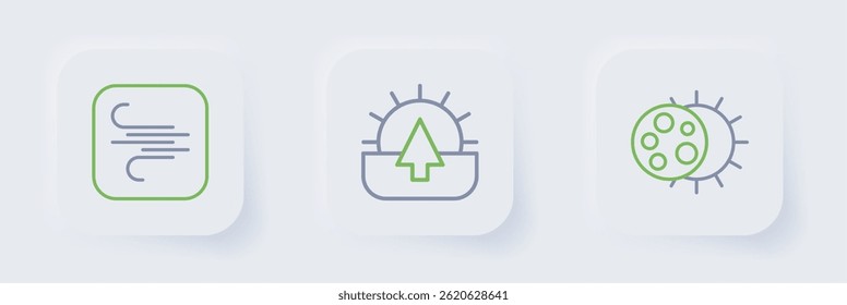 Set line Eclipse of the sun, Sunrise and Wind icon. Vector